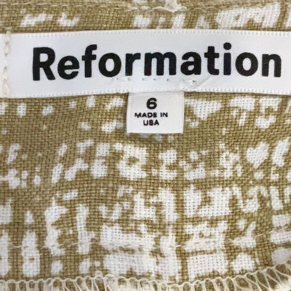 Reformation Jameson Linen Pant Wide Leg Olive Green Abstract print Burlap Pocket - Picture 8 of 8